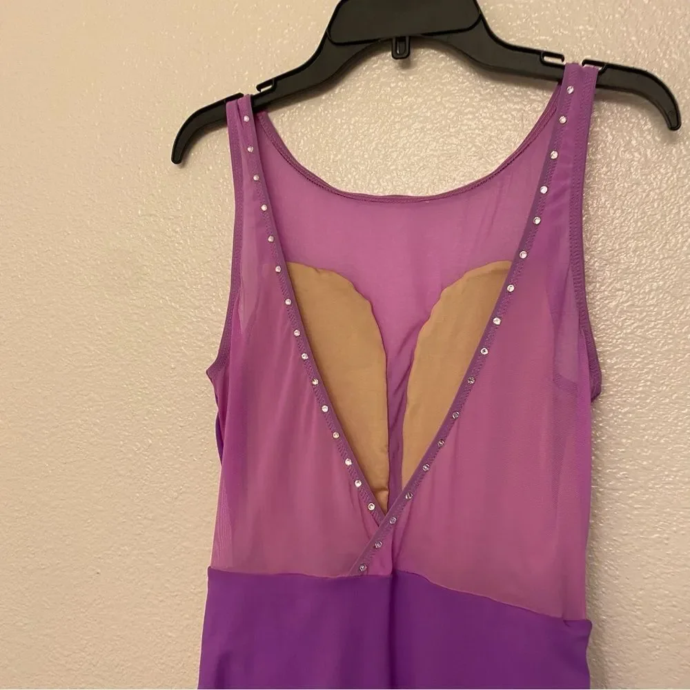 Mariia M2 Cutout Bodice Tank Leotard mesh, custom rhinestoned lavender purple MA